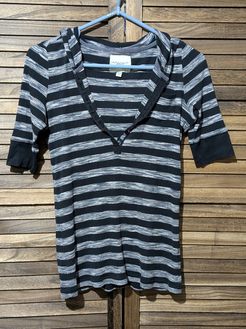 Energie Striped Short Sleeve Pullover Henley Hoodie - Grey & Black